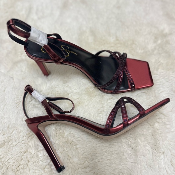 Jessica Simpson Metallic Burgundy Strappy Heels - Picture 2 of 6